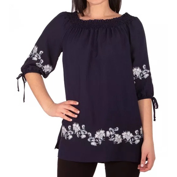 NY Collection Off Shoulder S Women Embroidered Peasant Boho Blouse Coastal Beach - Picture 1 of 7